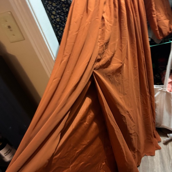 Burnt Orange Long Sleeve V Neck Formal Dress with Leg Slit - Picture 9 of 10